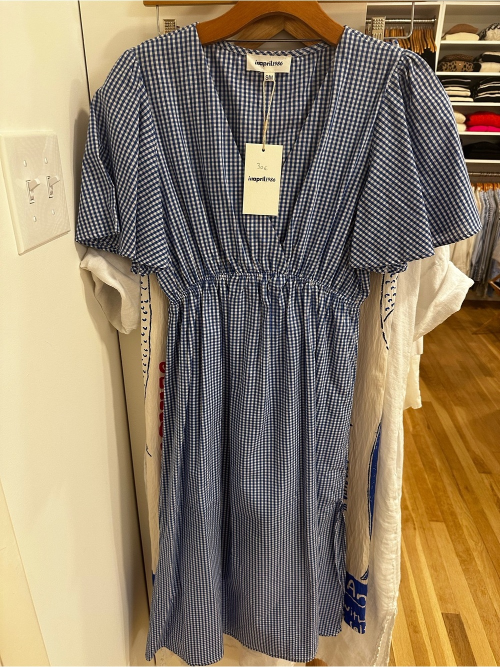 Blue Gingham V-Neck Casual Dress with Elastic Waist